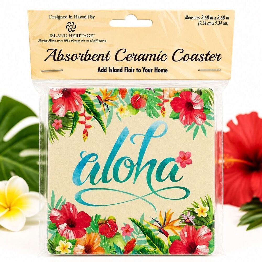 Island Heritage Aloha Floral Absorbent Ceramic Coaster Set 2 Hawaiian Decor NWT